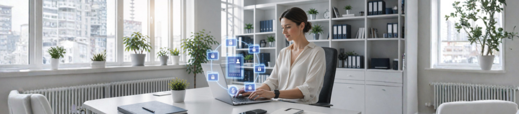 Bürofrau sitzend vor Laptop im Homeoffice mit digitaler Einblendung einer Personalakte